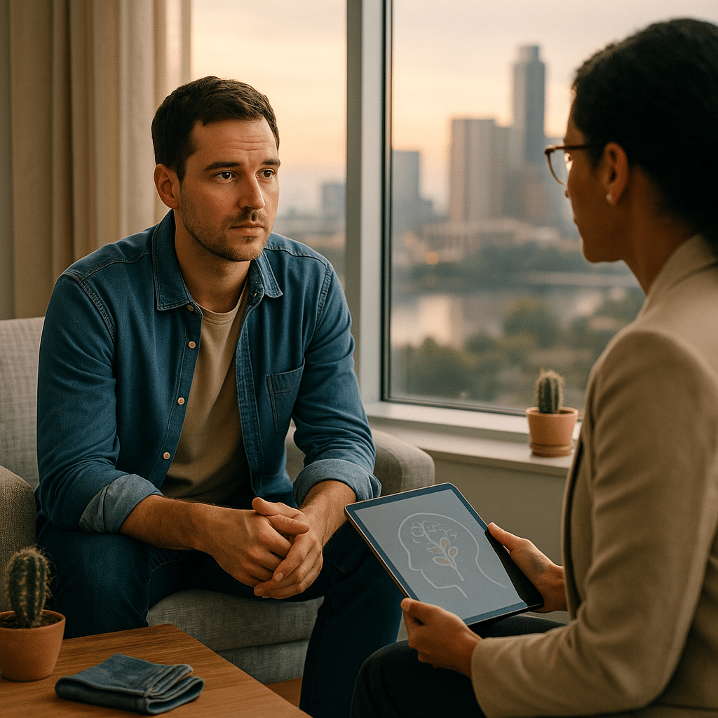 Adult meeting with a clinician at Briarwood Detox Center in Austin, discussing sativa and indica cannabis use for anxiety and depression in a calming counseling room with a cactus and city skyline in the background.