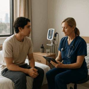 Patient speaking with a nurse in a calm medical detox room at Briarwood Detox Center in Austin, Texas during Maeng Da Kratom detox.
