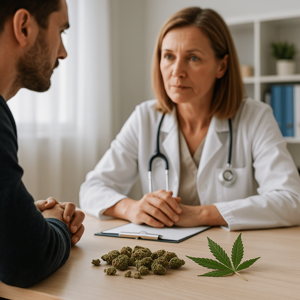 A medical professional meeting with a client in a calm detox setting, with indica marijuana buds, a cannabis leaf, and a pill bottle on the desk to represent marijuana dependence and detox support.