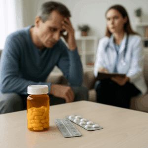Close-up of a prescription pill bottle and blister packs on a table during a Lyrica withdrawal consultation, with a patient and clinician blurred in the background.