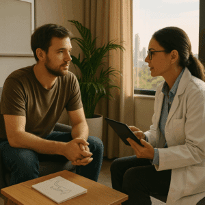 Adult speaking with a clinician at Briarwood Detox Center in Austin, TX, reviewing treatment options for dabbing and dab rig use in a calm medical detox office.