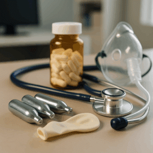 Realistic image of nitrous oxide cartridges, a deflated balloon, a stethoscope, an oxygen mask, and a prescription bottle in a medical detox setting.