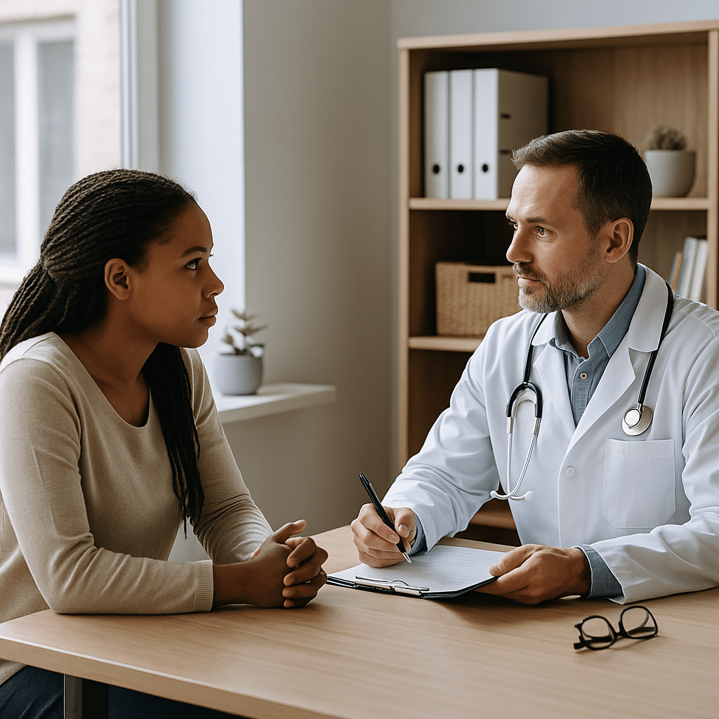 A doctor and patient sit across from each other in a bright consultation room discussing affordable drug rehab options, with natural light, a potted plant, and glasses on the desk.