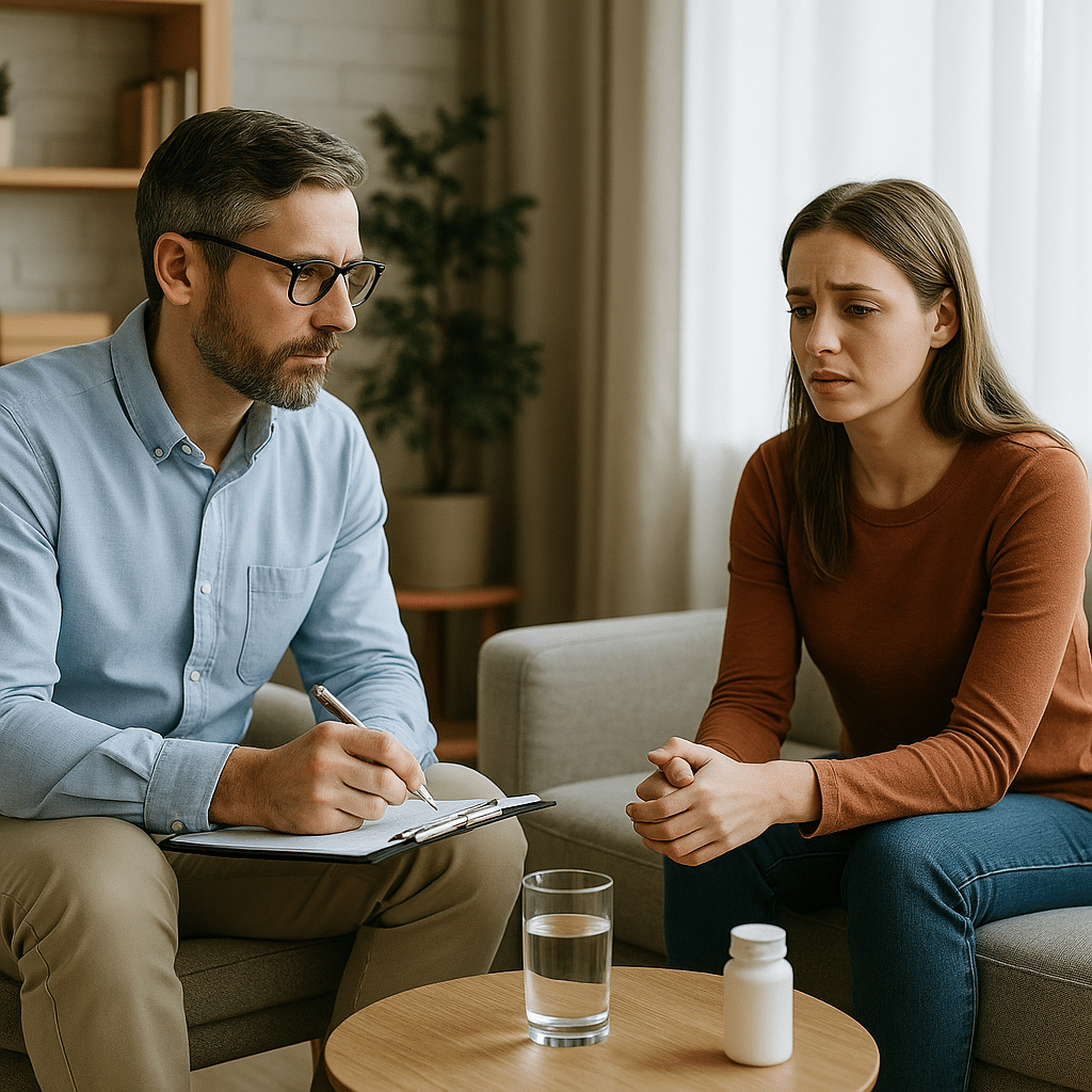 A clinician meeting with a patient in a calm therapy room during cocaine detox at Briarwood Detox Center, with natural light, a small table, and a potted plant in the background.