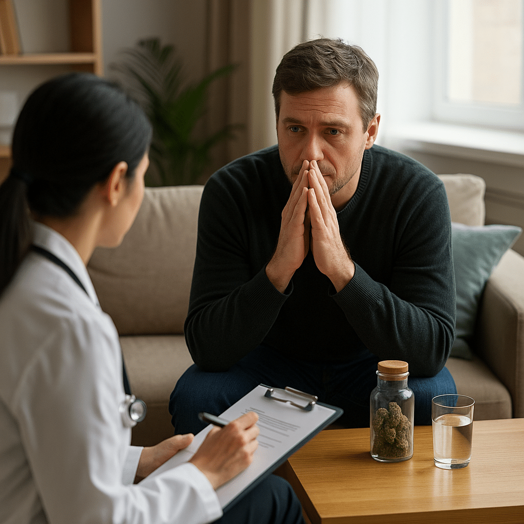 A person sitting in a calm detox center lounge during ganja addiction treatment, with natural light and a clinician in the background providing supervised support.