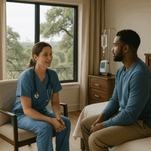 Nurse in blue scrubs talking with a patient during inpatient drug addiction care at an Austin rehab center.