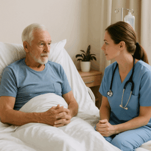 Senior man receiving inpatient alcohol detox care from a nurse in Austin, Texas.