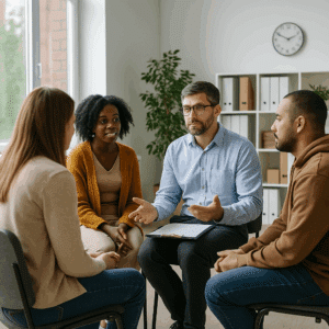 Therapist leading a small group session at an outpatient drug rehab center in Austin, Texas.