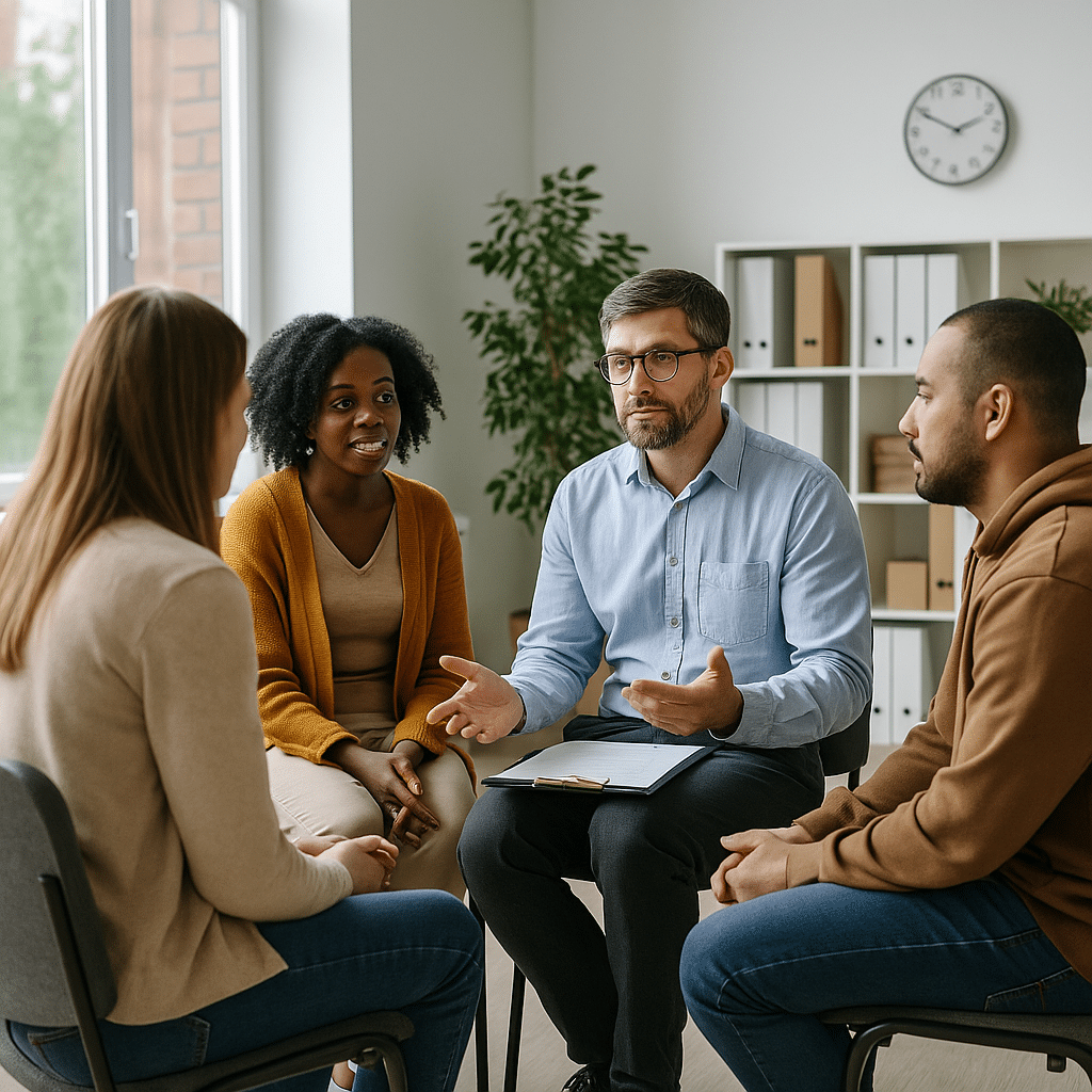 Therapist leading a small group session at an outpatient drug rehab center in Austin, Texas.