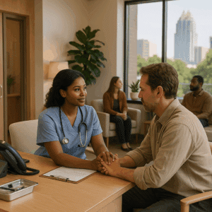 Nurse holding a patient’s hands during intake at an Austin drug treatment center, guiding next steps for residential care.