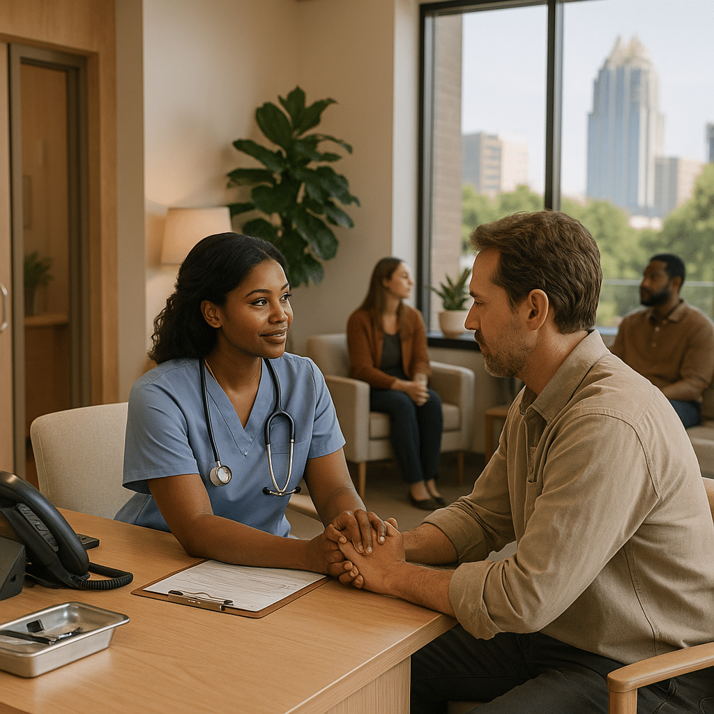 Nurse holding a patient’s hands during intake at an Austin drug treatment center, guiding next steps for residential care.