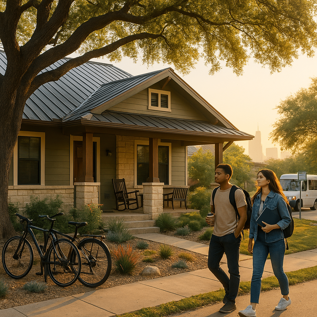 Morning view of a San Antonio sober living house with two residents heading to IOP — sober living San Antonio.