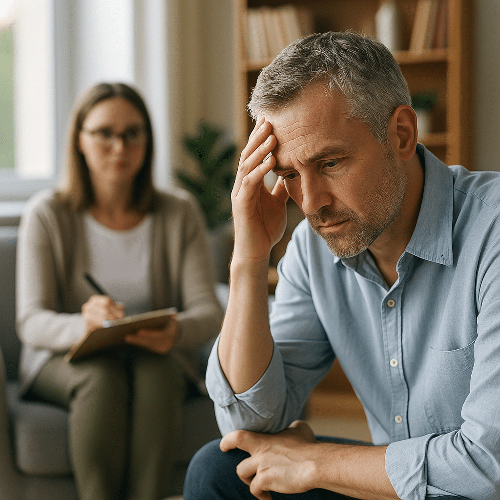 A therapist speaks compassionately with a patient during an outpatient alcohol detox session in a calm, supportive clinic in San Antonio, Texas.