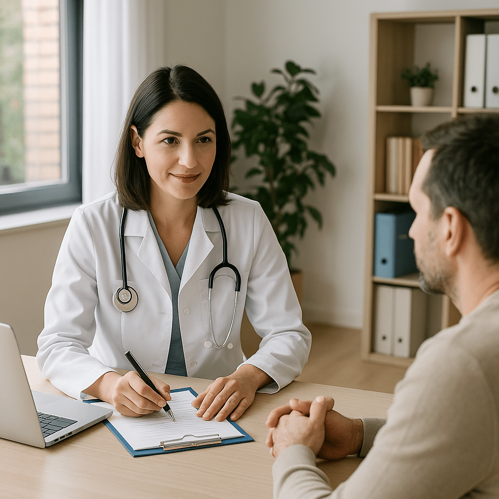 Healthcare professional meeting with a patient in a bright outpatient detox center in San Antonio, symbolizing compassionate addiction recovery and medical care.