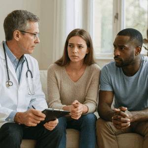 A medical professional discusses outpatient detox options with a patient in a bright, welcoming San Antonio treatment center.