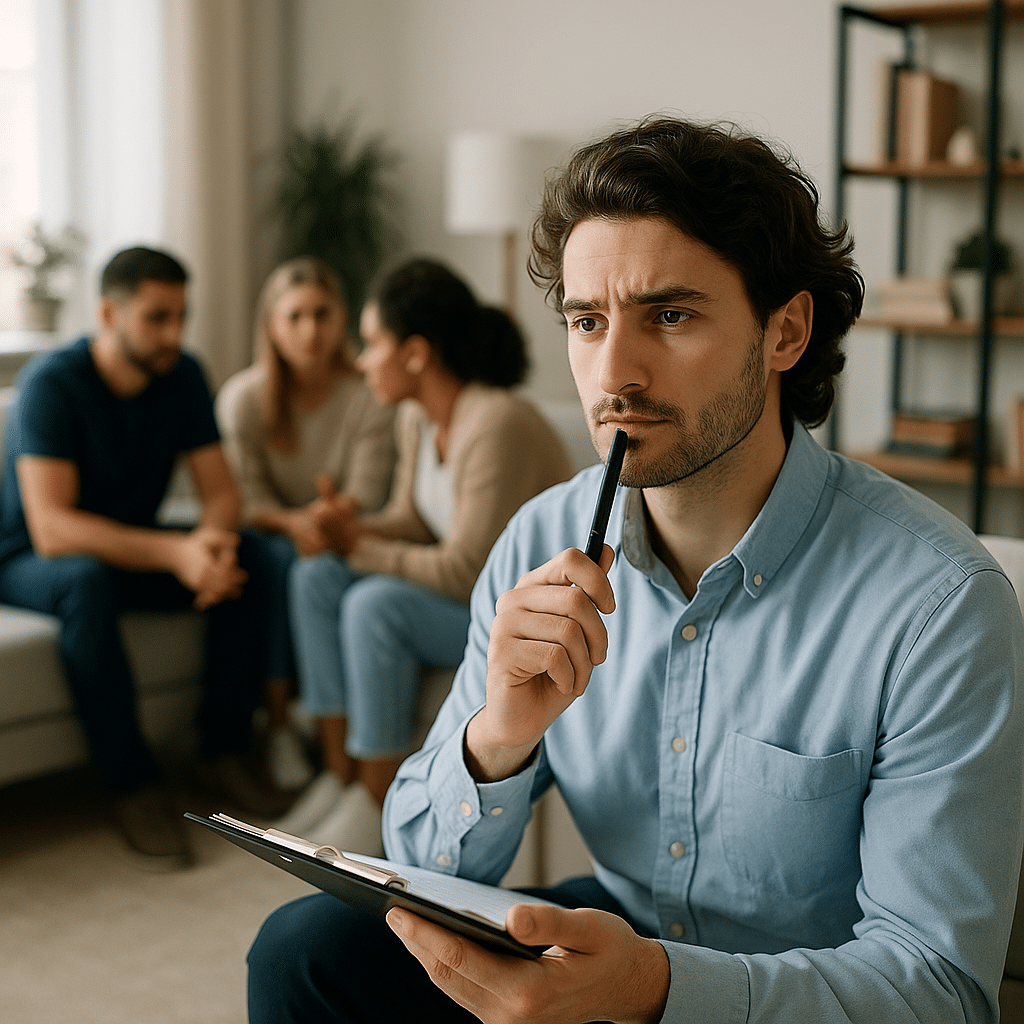 A group of adults in a bright, modern living room having a counseling session, symbolizing outpatient sober living in San Antonio.