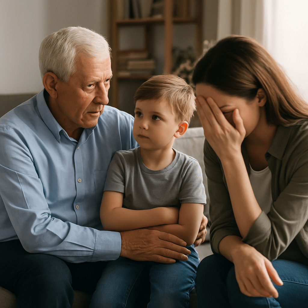 A family counseling session in a warm, sunlit room showing a concerned grandmother, a mother holding her child, and a supportive therapist discussing outpatient addiction recovery.