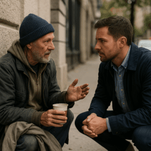A compassionate counselor provides support to a homeless man during an outdoor recovery outreach session in San Antonio, representing outpatient addiction treatment and recovery support.