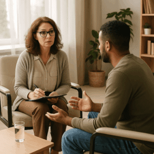 A therapist and client talk during an outpatient addiction recovery session in a modern San Antonio clinic filled with natural light and calm tones.