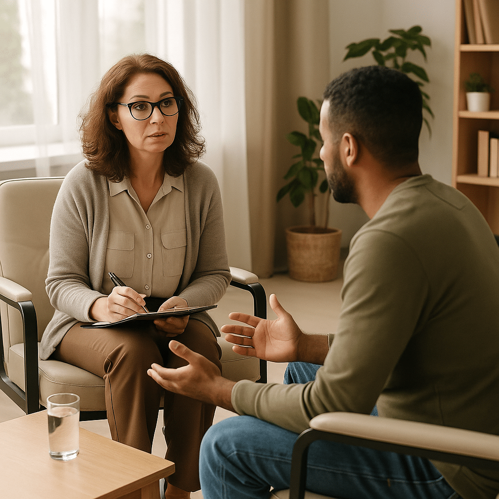 A therapist and client talk during an outpatient addiction recovery session in a modern San Antonio clinic filled with natural light and calm tones.