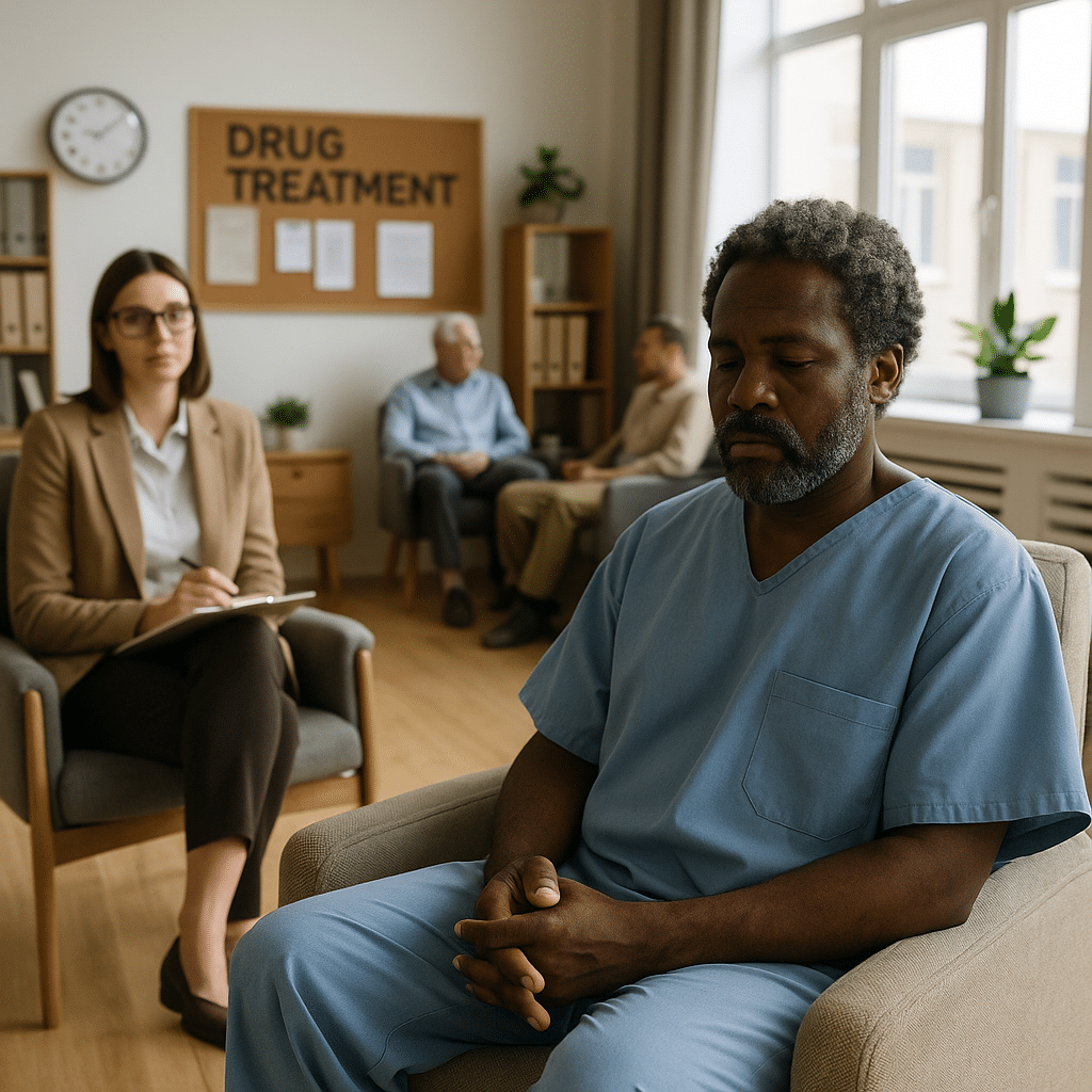 Therapist speaking with a patient during an inpatient drug treatment session in a bright, professional Austin detox facility.