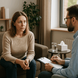 A counselor and client in a bright therapy room during an inpatient substance abuse session in Austin, Texas.