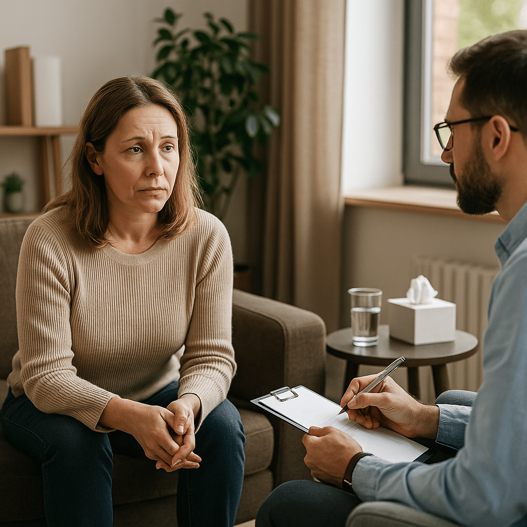 A counselor and client in a bright therapy room during an inpatient substance abuse session in Austin, Texas.
