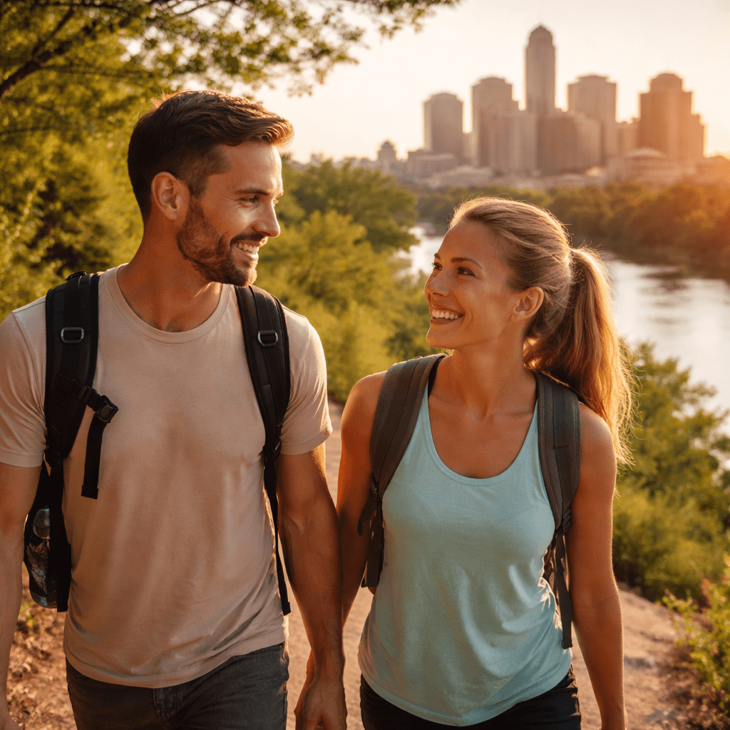 A couple walking along a scenic trail in Austin during early sobriety, representing 30 days sober and progress in addiction recovery.