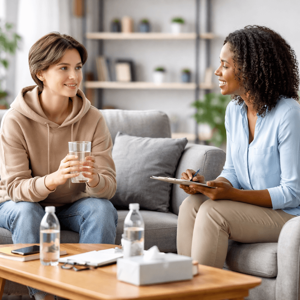 Adult receiving supportive counseling for ADHD and alcohol addiction as part of addiction recovery resources in Austin.