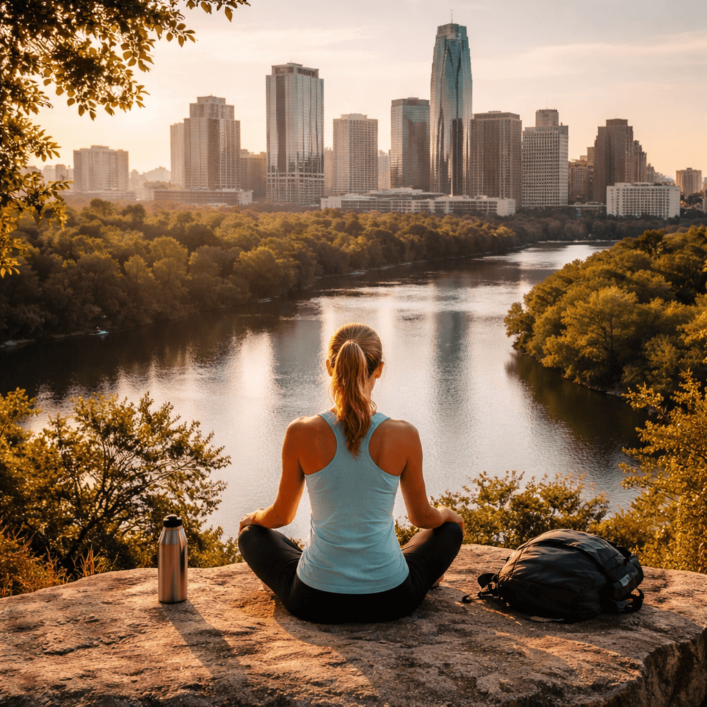 Person practicing mindful relaxation overlooking downtown Austin, symbolizing abstaining from alcohol and recovery support in Austin.