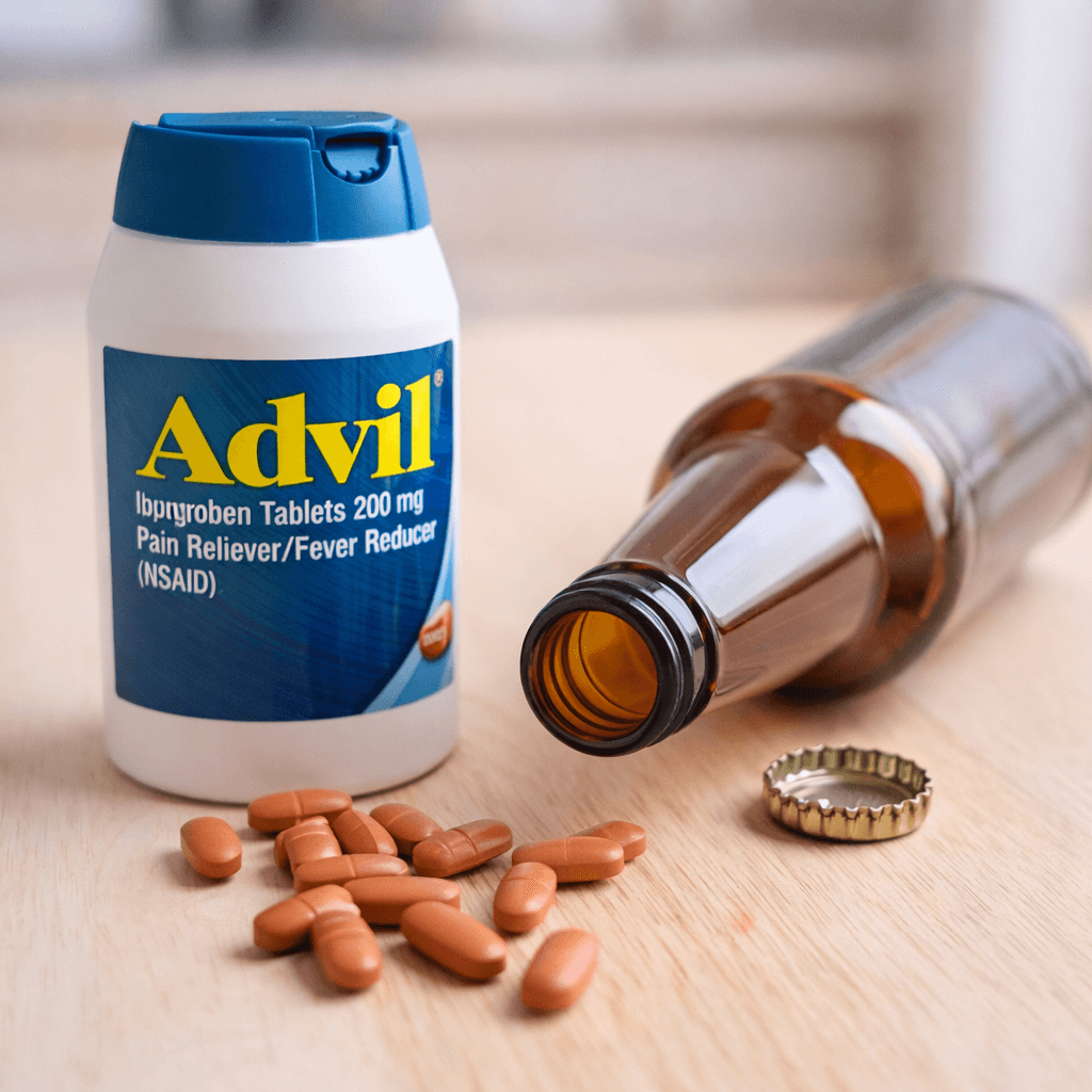 Advil ibuprofen tablets next to an empty beer bottle illustrating the risks of mixing Advil and alcohol.