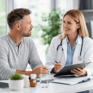 Patient discussing alcohol withdrawal symptoms and detox options with a medical professional in an Austin detox setting.