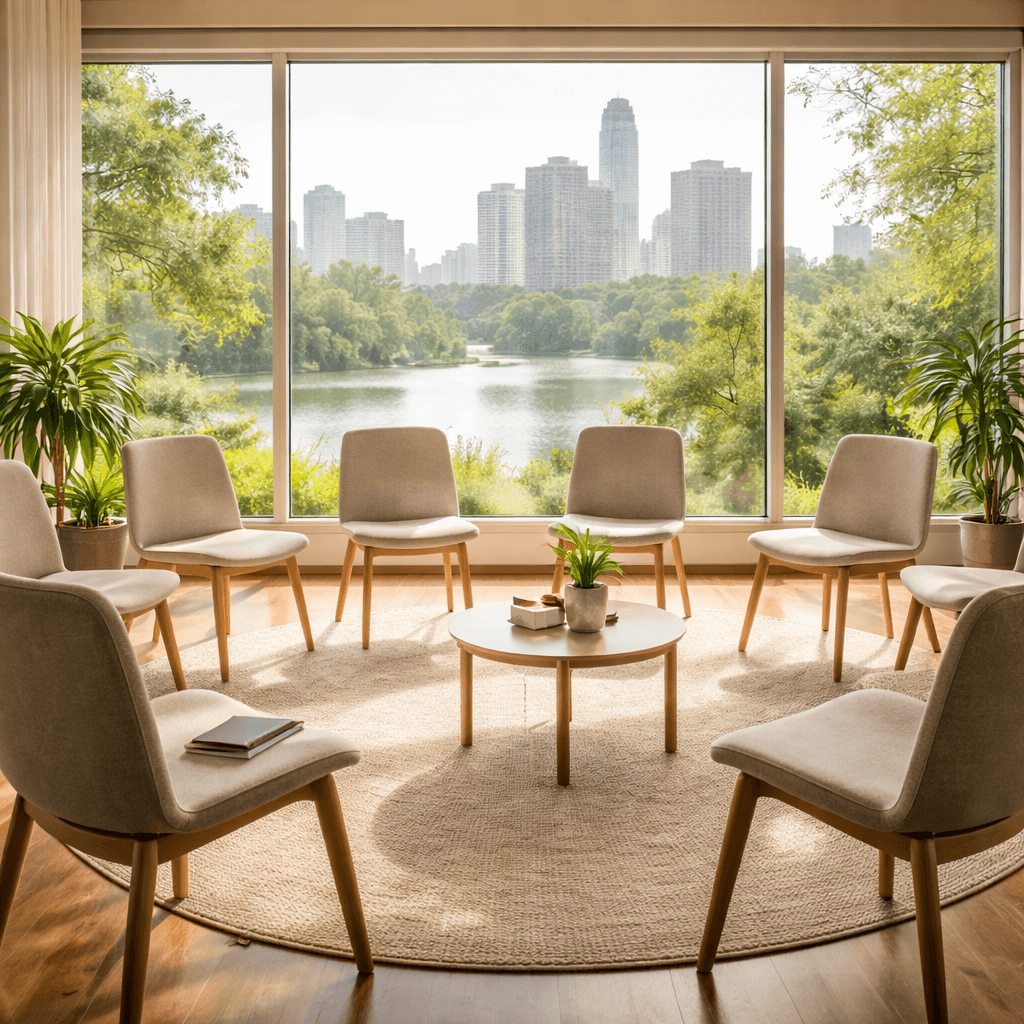 Sunlit circle of chairs in an Austin meeting space with the skyline in the background, representing addiction recovery resources and detox support in Austin.