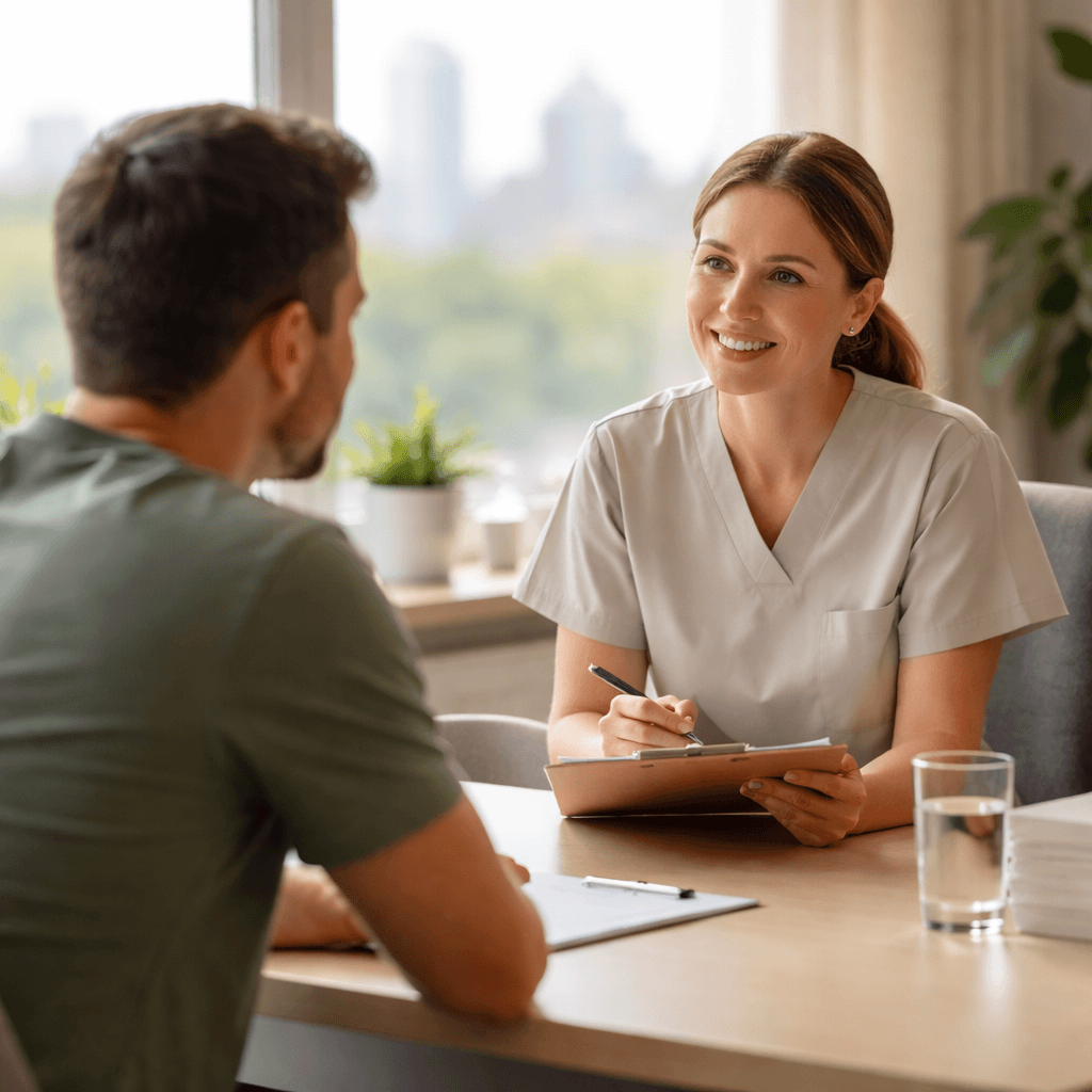 Clinician meeting with a patient in a calm Austin clinic setting, representing detox support in Austin and Austin recovery resources.