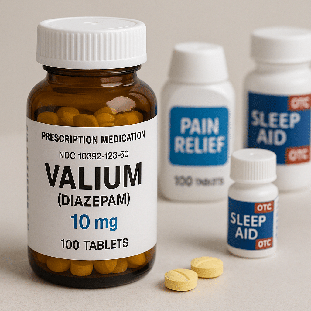 Brown bottle of Valium diazepam next to OTC pain relief and sleep aid medications, illustrating best meds for alcohol withdrawal and limits of over the counter drugs for alcohol detox.