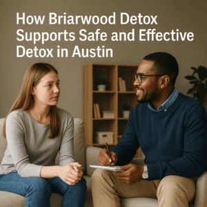 Counselor speaking with a client in a calm setting at Briarwood Detox, illustrating support for detox without insurance near me in Austin.