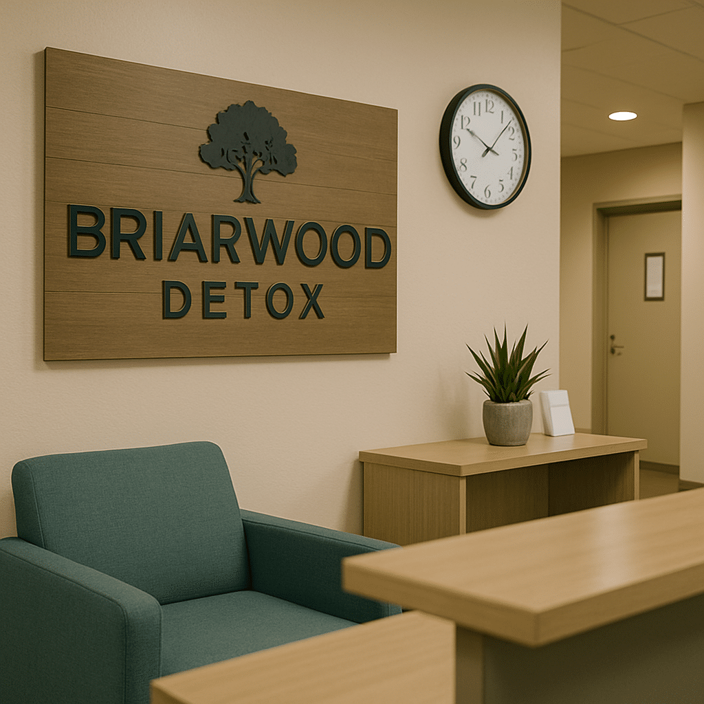A calm and professional reception area inside a medical detox center in Austin, featuring a modern seating space, front desk, and clean interior design.