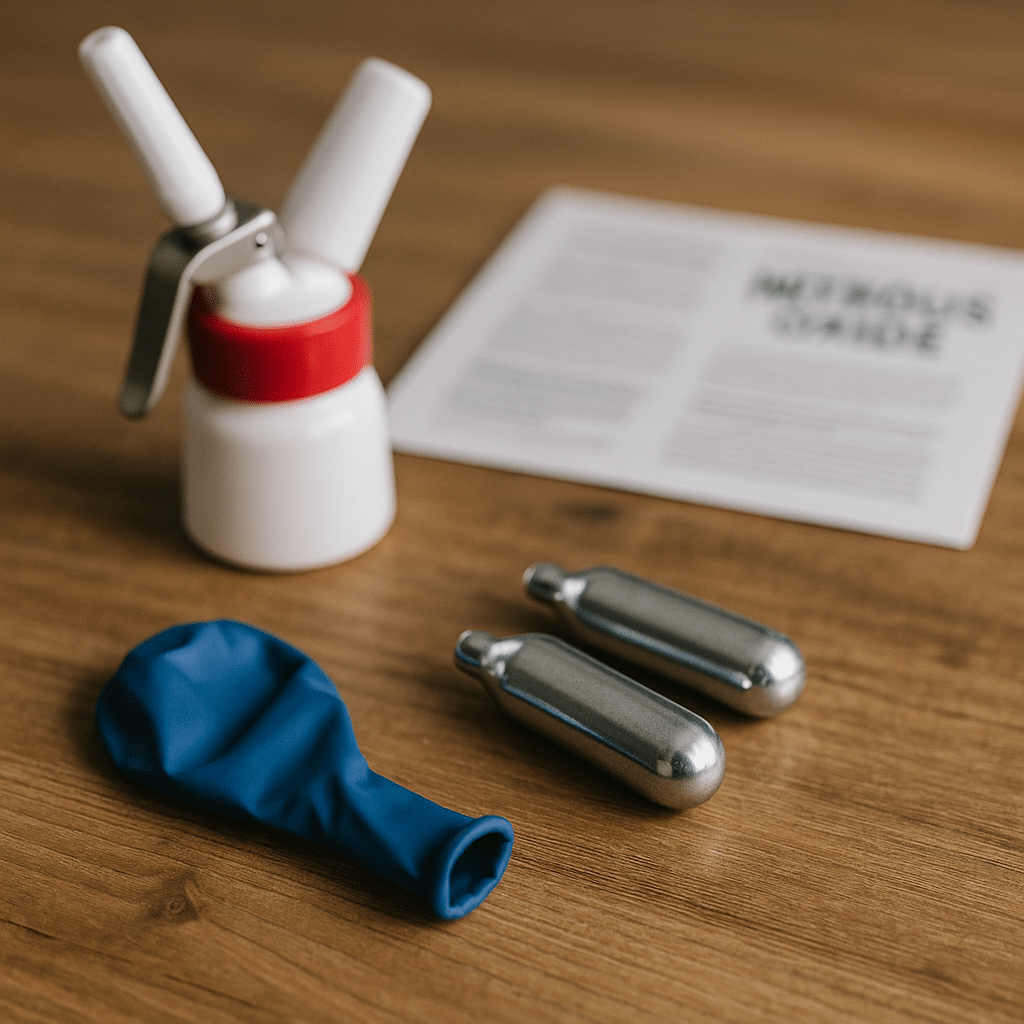 A realistic close-up of nitrous oxide cartridges, a deflated balloon, and a whipped-cream dispenser on a wooden table under soft natural lighting, representing whippets drug misuse.