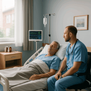 A patient resting in a medical detox room while a nurse monitors vital signs, representing safe care for barbiturate overdose recovery at Briarwood Detox Center in Austin, TX.