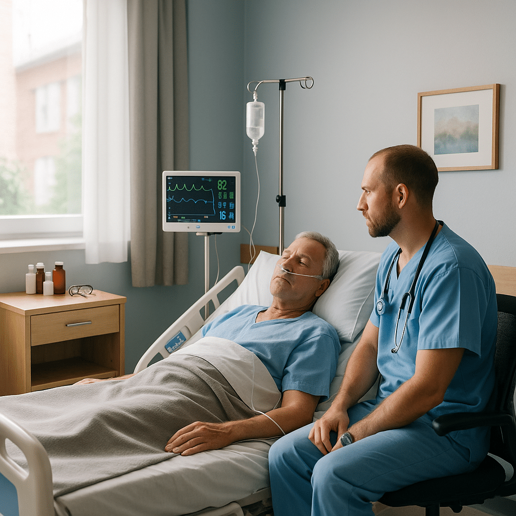 A patient resting in a medical detox room while a nurse monitors vital signs, representing safe care for barbiturate overdose recovery at Briarwood Detox Center in Austin, TX.