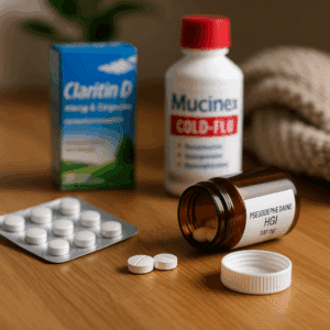 A realistic photo of pseudoephedrine hydrochloride tablets, an open pill bottle, and OTC cold medicines like Claritin-D and Mucinex displayed on a wooden surface with soft natural lighting.