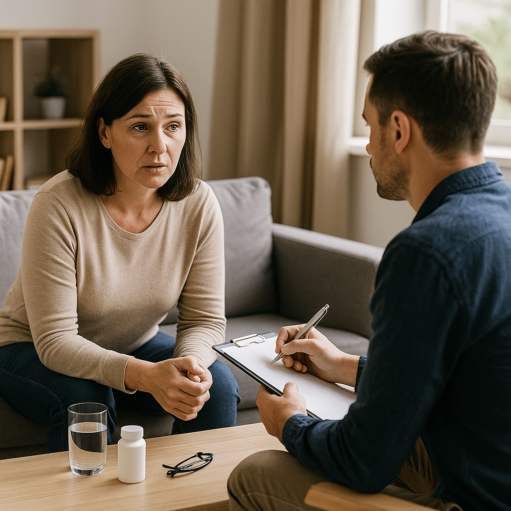 A woman speaking with a clinician during an outpatient detox counseling session, with a glass of water and medication bottle on the table between them.