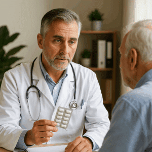 Doctor discussing hydromorphone detox options with an older patient in a calm medical office with natural lighting.