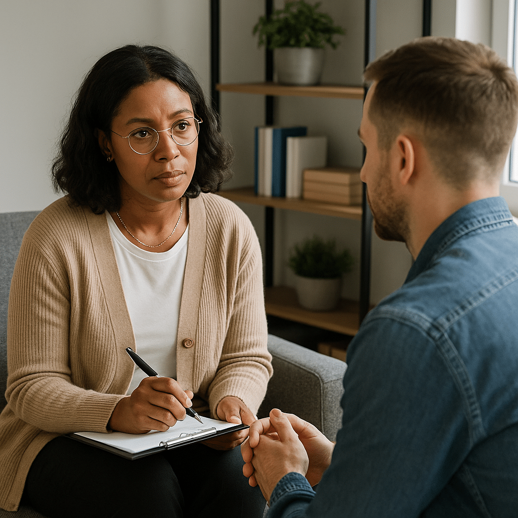 A therapist meeting one-on-one with a client in a calm, modern office, illustrating individual therapy for addiction at Briarwood Detox Center.