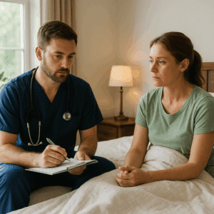 A medical professional meets with a patient during a supervised benzodiazepine detox, offering structured support in a quiet recovery environment.