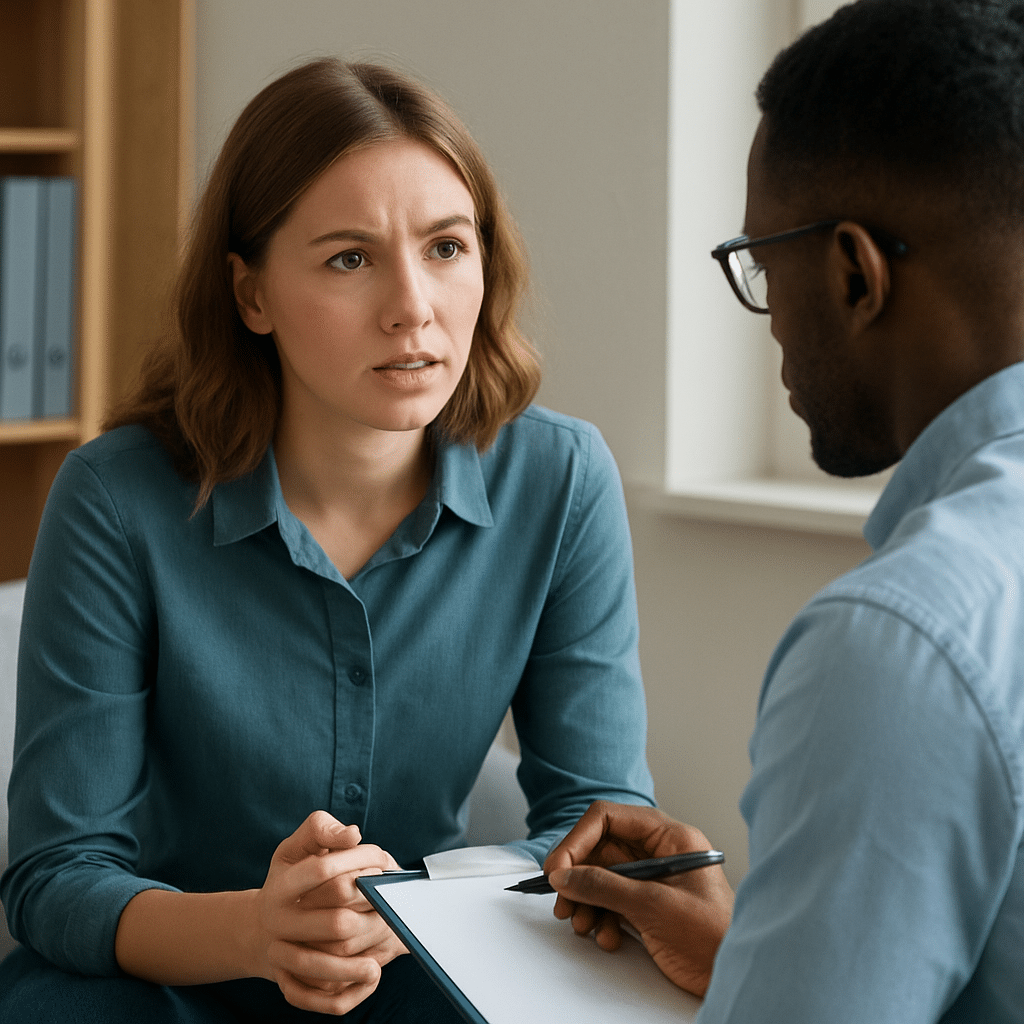 A counselor meets with a client during an intake discussion at a detox center in Austin, Texas, reflecting the support provided during alcohol and drug detox services.