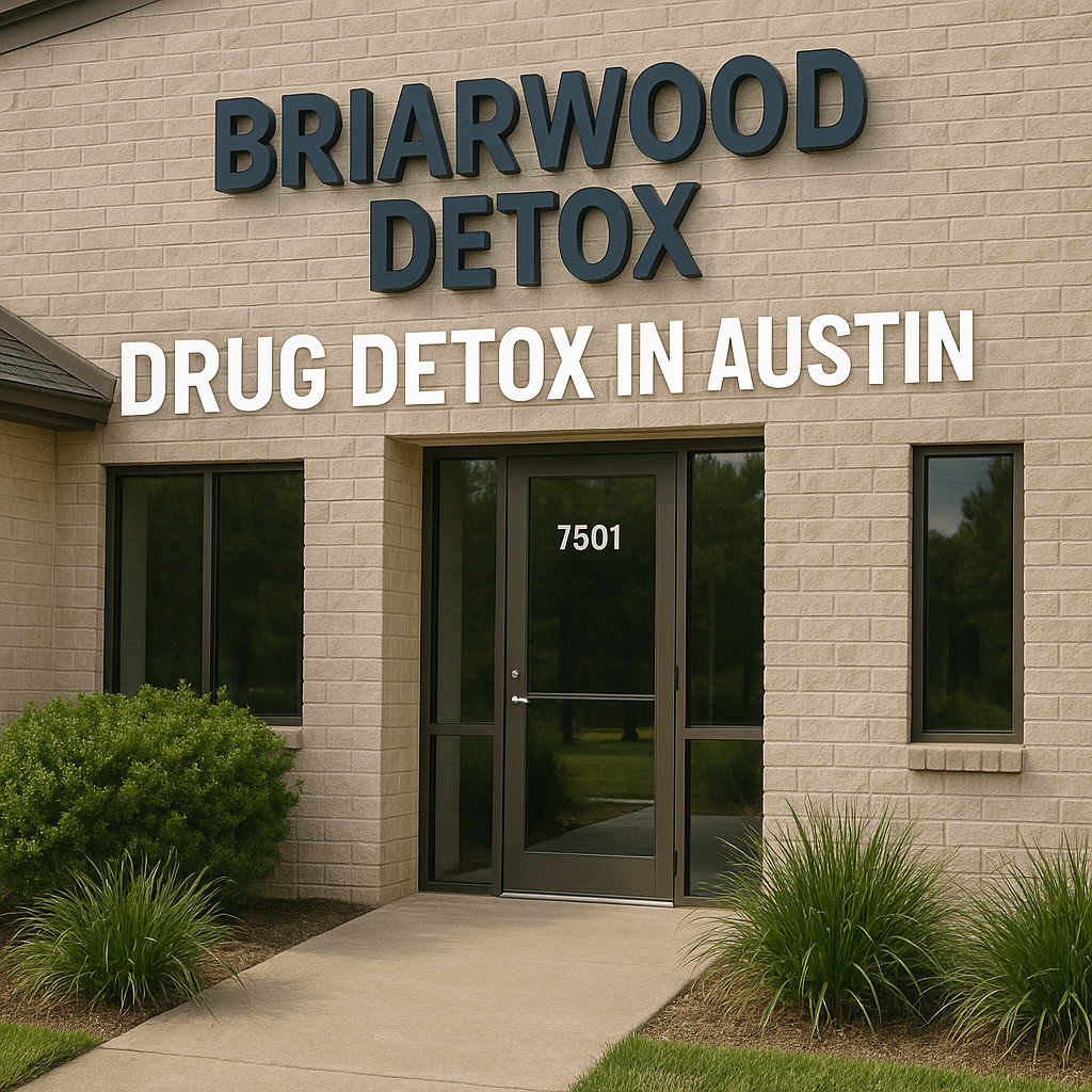 Exterior of a professional detox facility in Austin with signage and landscaping, representing drug detox Austin and detox drugs used in supervised treatment.