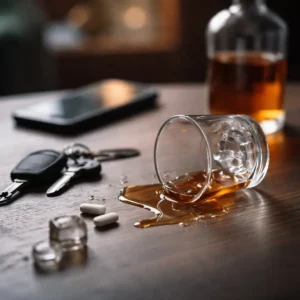 Spilled glass of alcohol beside car keys and a smartphone on a wooden table, illustrating alcohol blackout and memory loss risks.