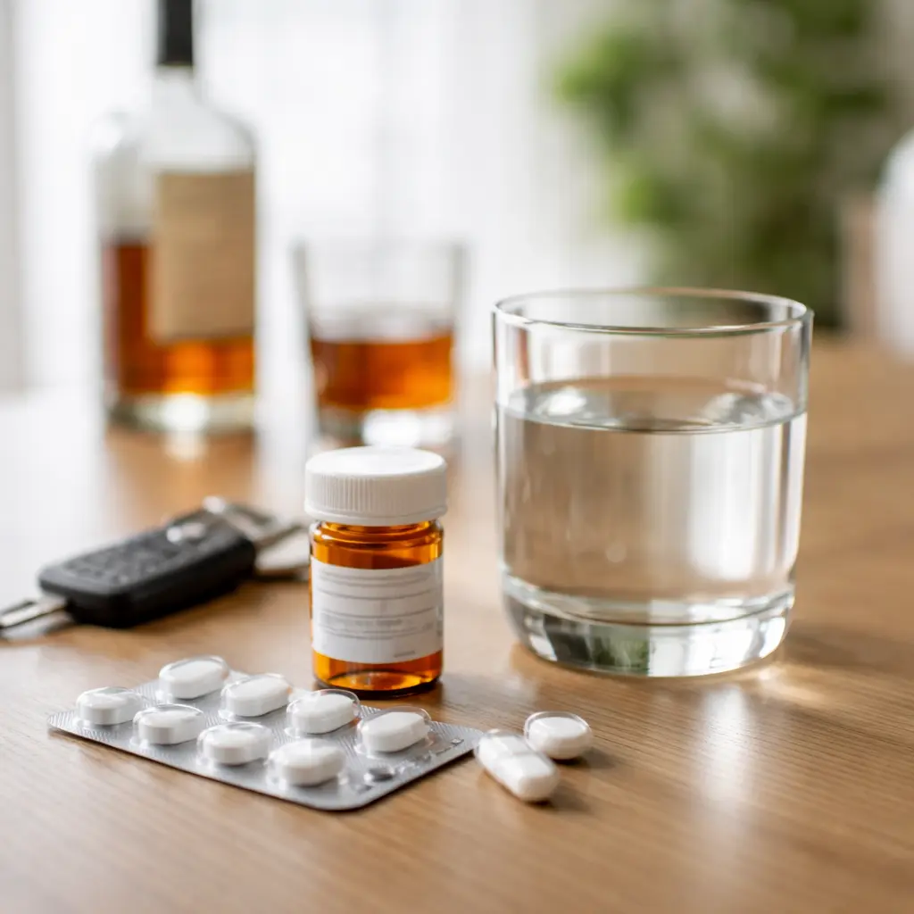 Medication bottle and water glass on a table symbolizing alcohol withdrawal symptoms and alcohol craving medication during early recovery.