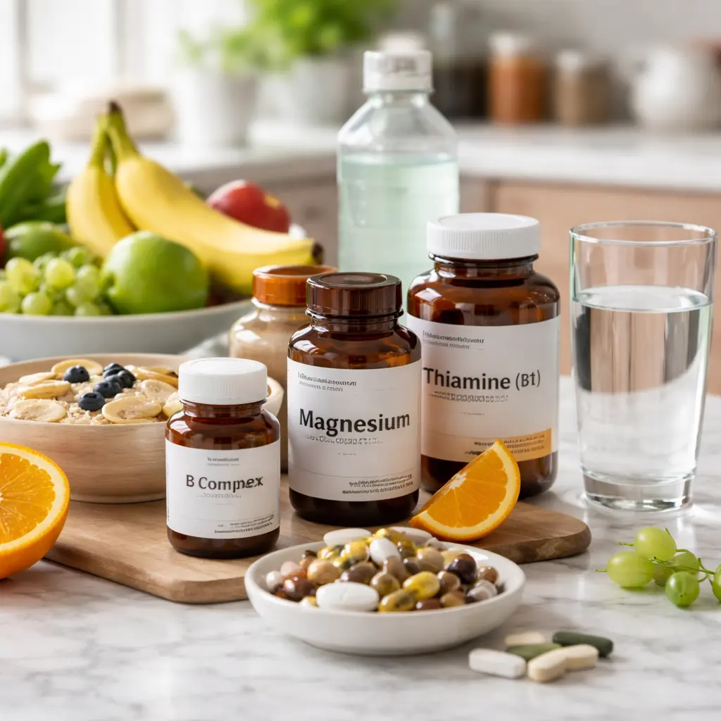 Alcohol detox supplements including B vitamins, magnesium, thiamine, and hydrating foods arranged on a kitchen counter to support alcohol withdrawal recovery.